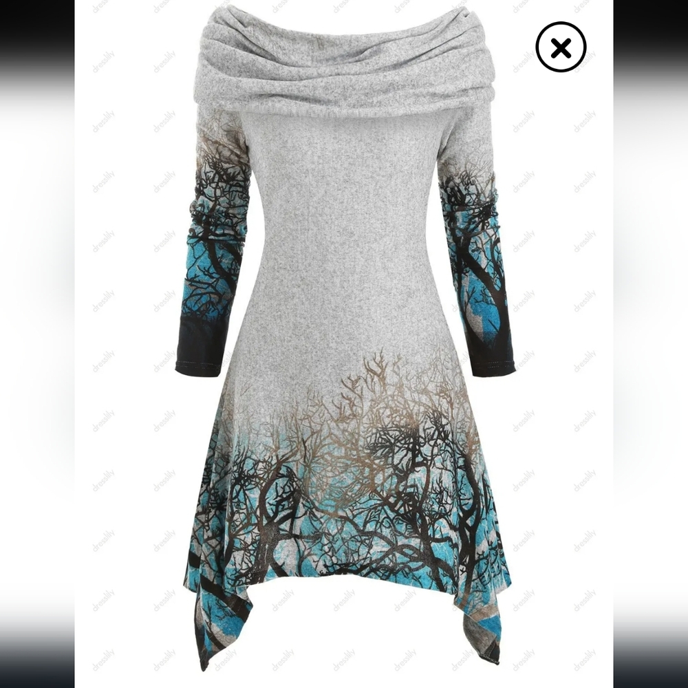 Trees In Winter Cowl Neck Asymmetrical Tunic Dress Dressfo Slim W XL (US 10) - Picture 15 of 16